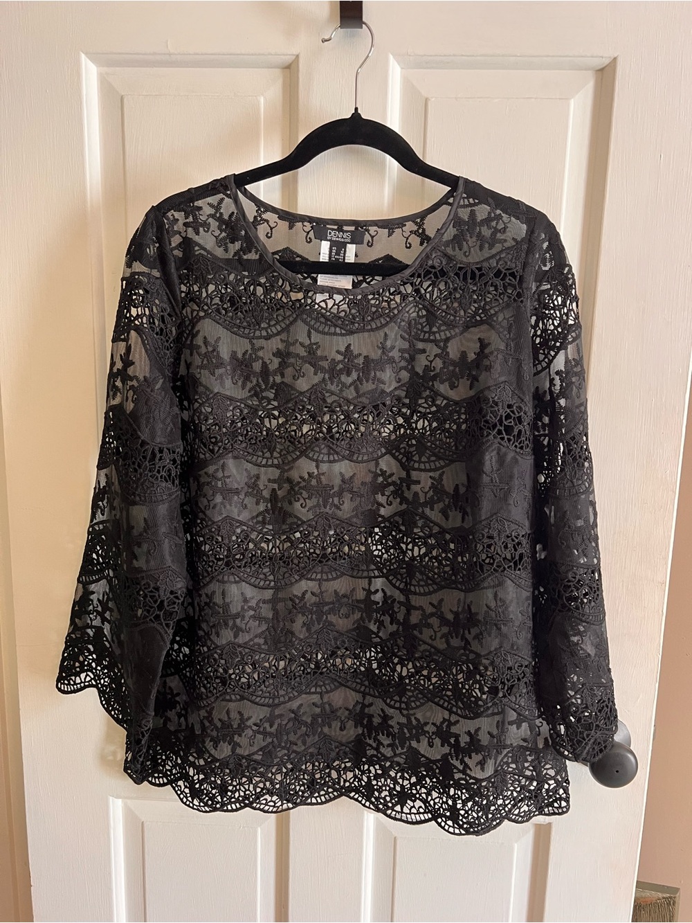 dennis basso Black Lace Crochet Overlay Blouse 8 festive party holiday